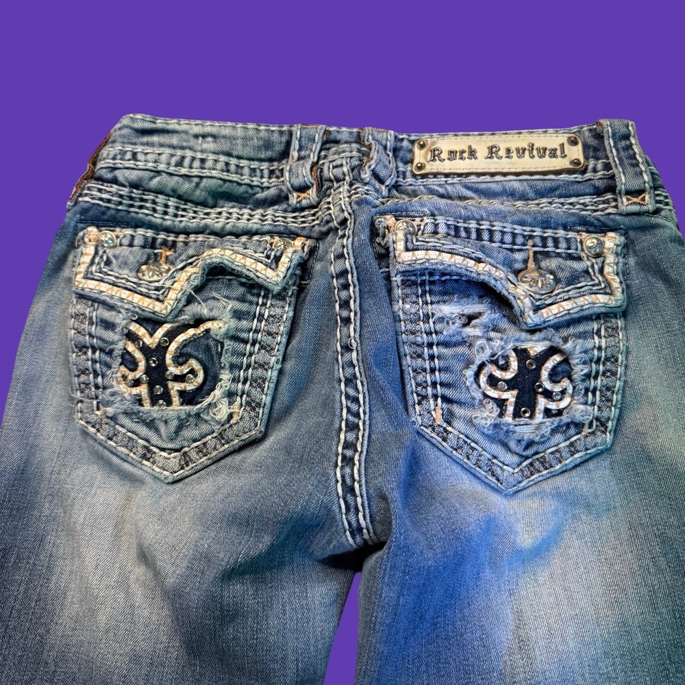 Rock Revival Jeans Womens Size 26 Kai Bootcut Distressed Rhinestone Flap Pocket